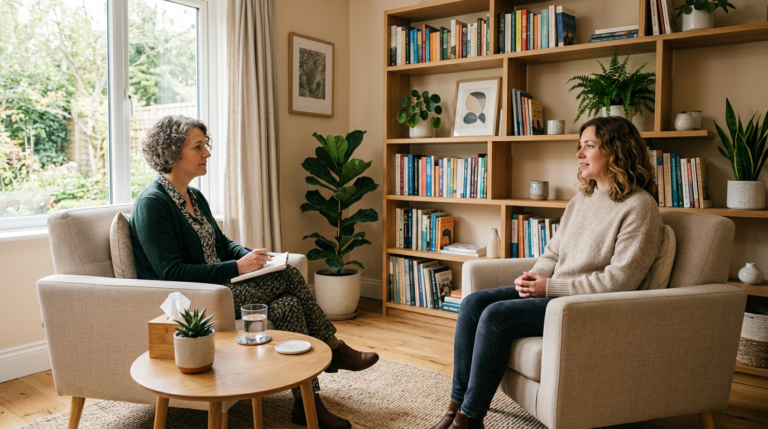 Two women in a warm therapy consultation room for dual diagnosis addiction and mental health treatment